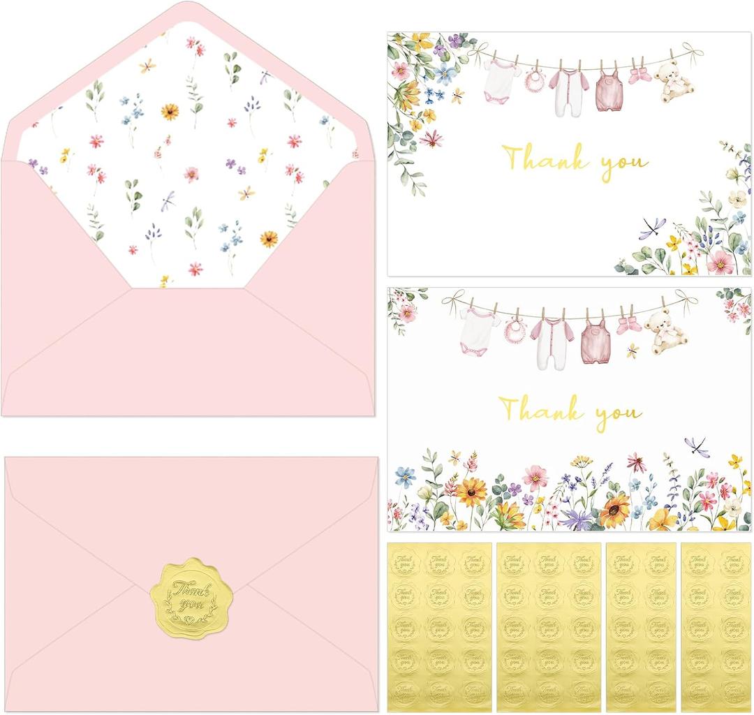 Thboxes 50 Pack Pink Baby Shower Thank You Cards with Envelopes and Stickers for Girl, Thank You Notes with Envelopes Set Bulk, Blank Greeting Cards for Birthday Baby Shower Party