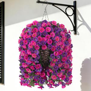 Artificial Fake Flowers Plants Hanging Baskets for Outdoor Outside, Faux Silk Hanging Dark Purple and Fuchsia Morning Glory Trailing Vines UV Resistant Look Real for Porch Patio Home Decoration