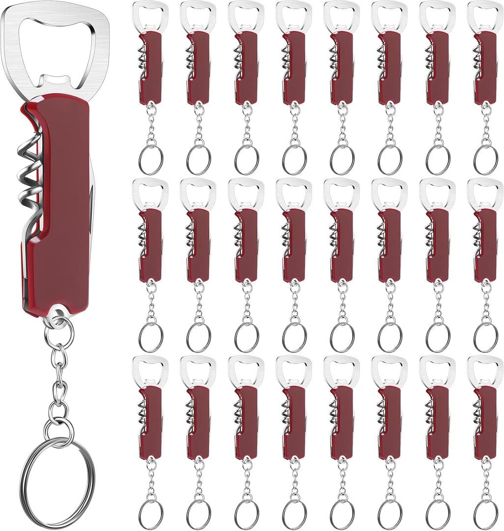 24 Pcs Bottle Opener Keychain Bulk Wine Bottle Beer Opener Keychain 3.27" Stainless Steel Corkscrew Waiter Corkscrew Wine Key for Bar Party Wedding Bartender Home Favors Gifts (Red)