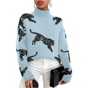 WDIRARA Women's Leopard Tiger Print Sweater High Neck Long Sleeve Fuzzy Knitted Pullover Top (Large, Blue)