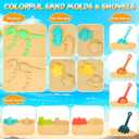 HUITEM Beach Sand Toys for Kids, 29PCS Sandbox Toys with 2 Collapsible Bucket Sand, 2 Dump Truck, Dinosaur Molds, Castle Building Kit, Shovel Sieve,Flags,Mesh Bag Travel Beach Toys for Toddler 3-10