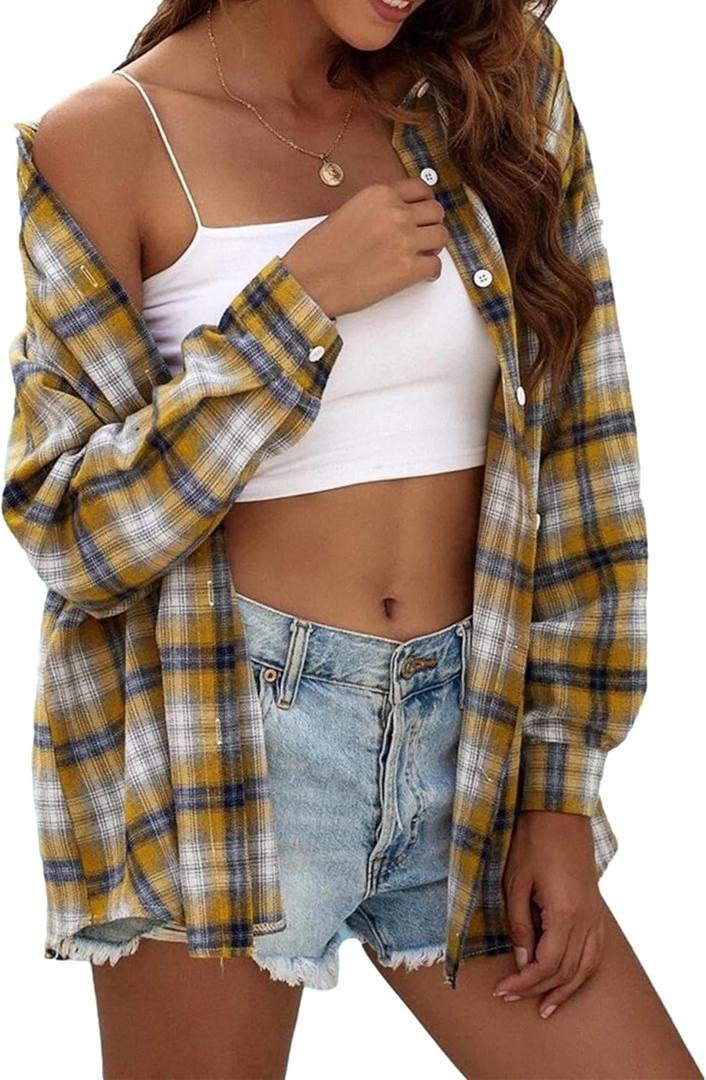 Mingzhu Womens Casual Flannel Plaid Shirts Button Down Long Sleeve Shirts Oversized Buffalo Blouse Tops (Large, Yellow)