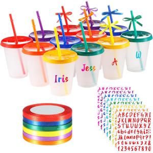 Qinyoung 12 Pack Plastic Cups with Lids and Straws 16 oz Drinking Cups Set Reusable Iced Coffee Tumblers with Stickers for Adult Summer Party(Clear White)