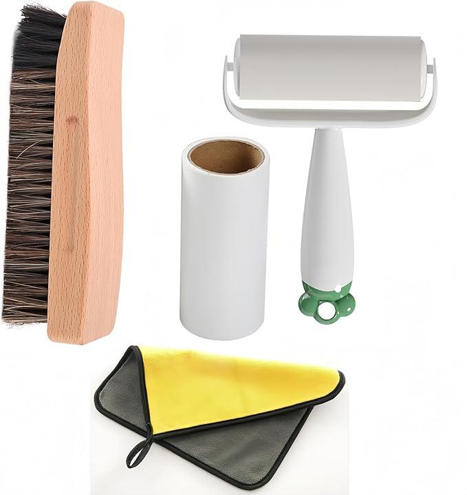 Cleaning Brush Set Hard Bristle Brush, Outdoor Scrub Brushes Kit,[ Solid Wood Horse Hair Bristles Brush, Cleaning Cloth, Sticky Lint Roller, Spare Core] for Trampoline, Wooden Decks, Concrete Patios