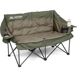 Huskfirm Double Camping Chair Oversized Padded Camping Chairs for Adults Folding Loveseat with Cup Holders and Side Pockets Heavy Duty Outdoor Lawn Chairs for Camping,Sports, Fishing,Beach,Green