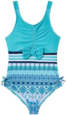 Century Star Girls Bathing Suit One Piece Swimsuit for Kids Cute Bow Striped Swimwear for 4-13 Years, M
