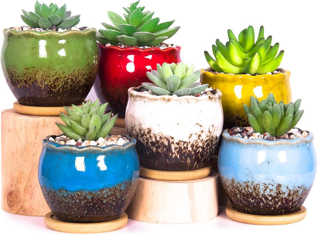 ARTKETTY Succulent Pots - 4 Inch Ceramic Succulent Planters with Drainage Tray Set of 4, Small Cactus Pots for Indoor Plants Colorful Flower Plant Pots for Desk Windowsill (Blue/Green/Red/White/Yellow/Light Blue)