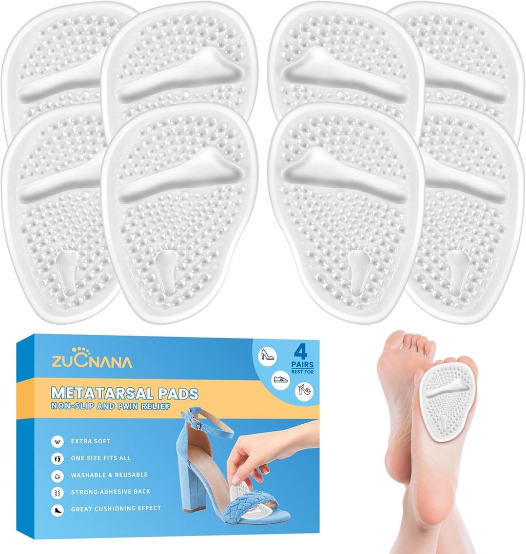 ZUCNANA Metatarsal Pads for Women  Soft Gel High Heel Insoles, 4 Pairs, NonSlip Design, Instant Foot Pain Relief, SelfSticking Back, Fits All Feet Sizes