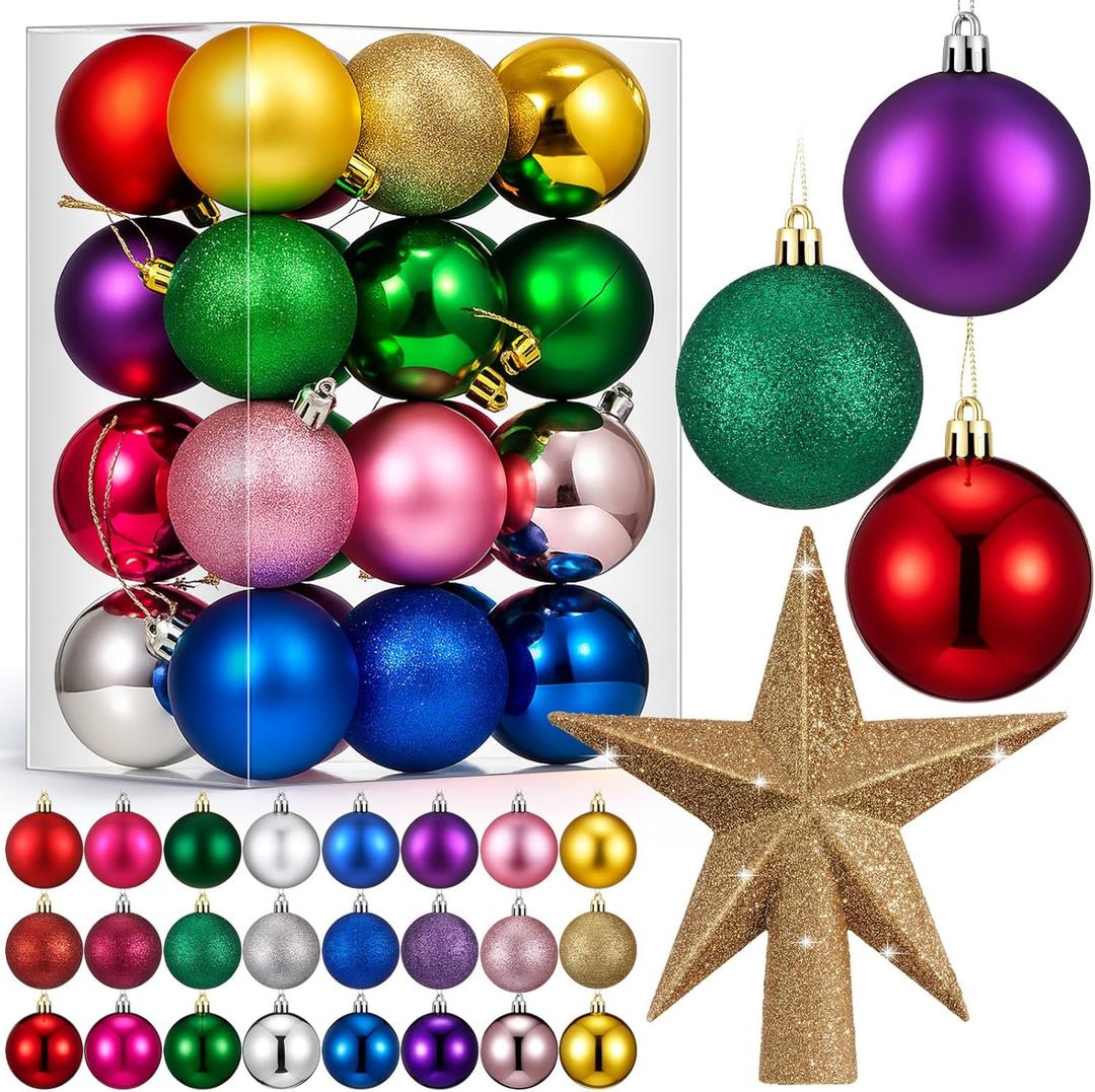 25 Pcs Mini Christmas Balls Ornaments Set 2.36 Inch Christmas Day Ball Topper Star Tree Hanging Ornaments for Party Decoration(Bright Colors)