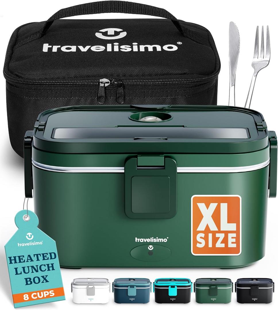 TRAVELISIMO Extra-Large Electric Lunch Box For Adults Holds up to 8 Cups - 80W Heated Lunch Box 1.8L Electric Food Warmers for Travel & Work, Portable Food Warmer - Loncheras Para Hombres De Trabajo (Dark Green)