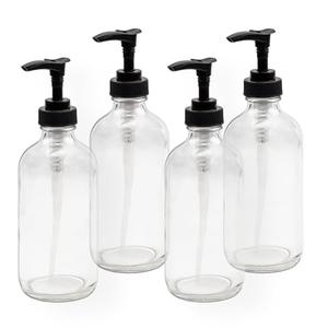 Cornucopia Brands 8oz Clear Glass Pump Bottles (4-Pack w/Black Plastic Pumps), Great as Essential Oil Bottles, Lotion Bottles, Soap Dispensers, and More