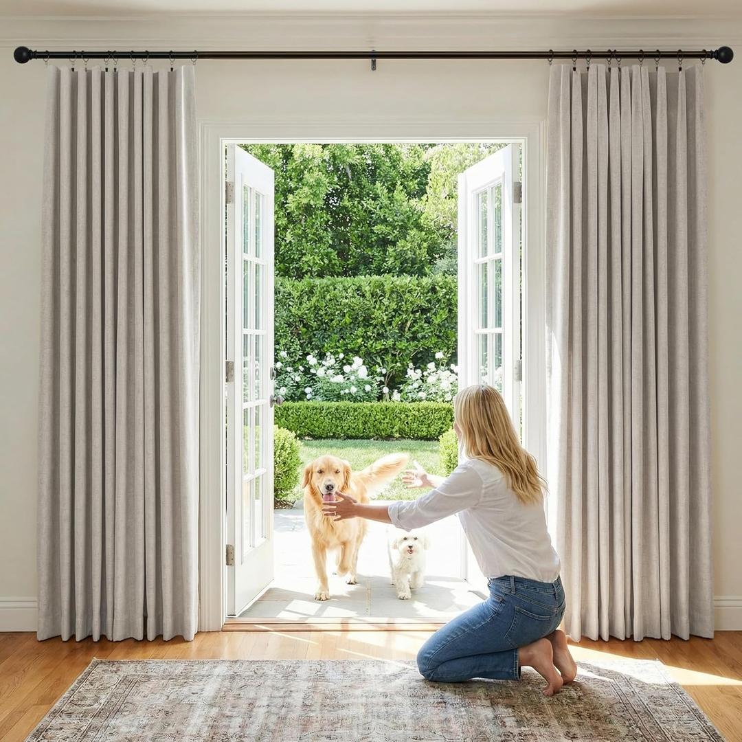NICETOWN 100% Blackout Linen Curtains 90" Long for Bedroom, Thermal Insulated Living Room Curtains with Liner, Farmhouse Style Linen Blend Window Draperies for Dining Room (2 Panels, 52" W, Natural)