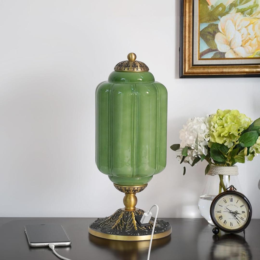 Milk Glass Touch Table Lamp, 3 Way Dimmable Green Lamp USB C+A Charging Ports, Modern Large Beside Lamps for Bedroom, Living Room, Desk LED Bulb Inculded