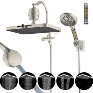 Hibbent 5-spray 13'' Dual Filtered Rainfall Shower Head Combo, High Pressure 10-setting Handheld Shower Head with 12'' Adjustable Extension Arm, 20 Stage Shower Filter, 71'' Hose, Brushed Nickel