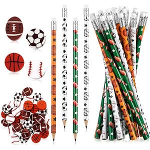 Tinlade 72 Pcs Sports Pencils and Erasers for Kids Fun Wooden Pencils for Kids Boys Sports Themed Stuff Birthday Party Favors Gifts Goodie Bags Students Stationery Party School Office Supplies