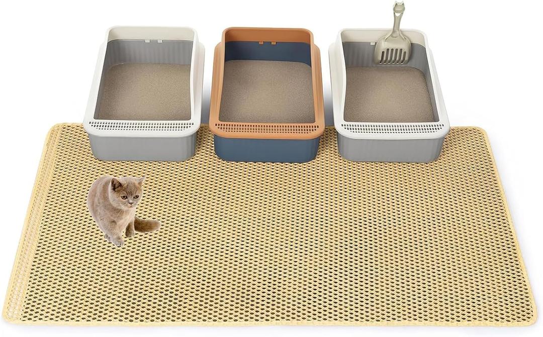 Extra Large Litter Box Mat,XXL 47x36 lnch Cat Litter Mat,Double Layer Litter Matt for Cat Rug,Non-Slip Waterproof (Khaki)