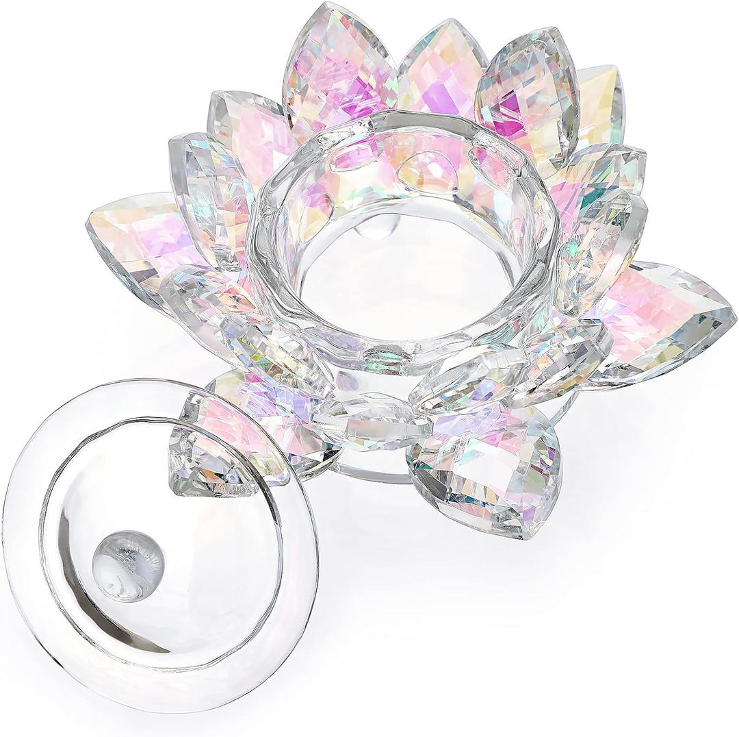 OwnMy Crystal Lotus Flower Dappen Dish with Lid Glass Tea Light Holder Lotus Petal Votive Candle Holder Candle Stand, Glass Flower Monomer Dish for DIY Nail Art Bowl Cup Jewlery Tray for Home Decor (Ab Color)