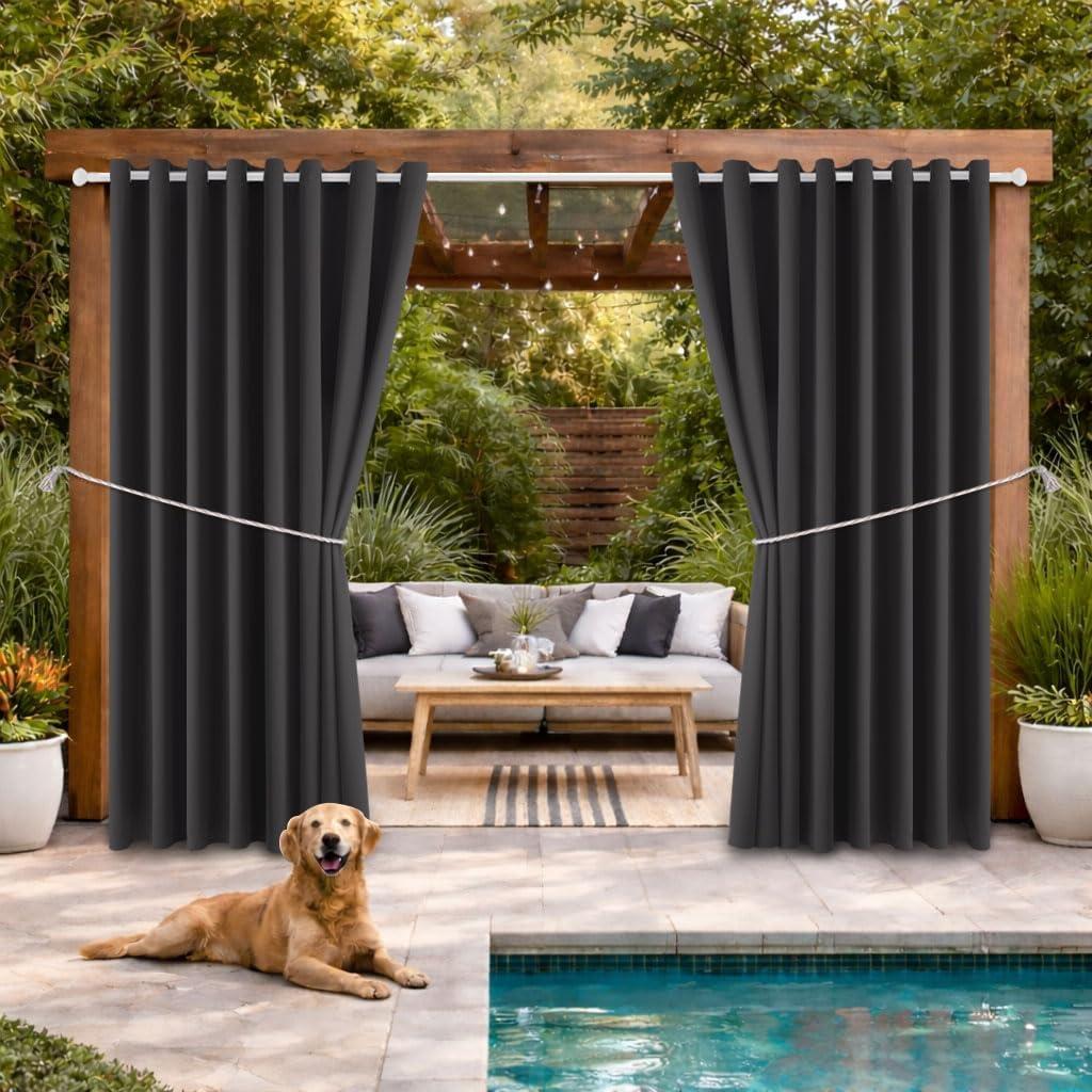 Outdoor Patio Curtain Waterproof Darkening Thermal Insulated Indoor Curtains for Bedroom, Porch, Living Room, Pergola, Cabana, W105 x L120 Extra Wide Room Divider, Dark Gray, Set of 2 Panels