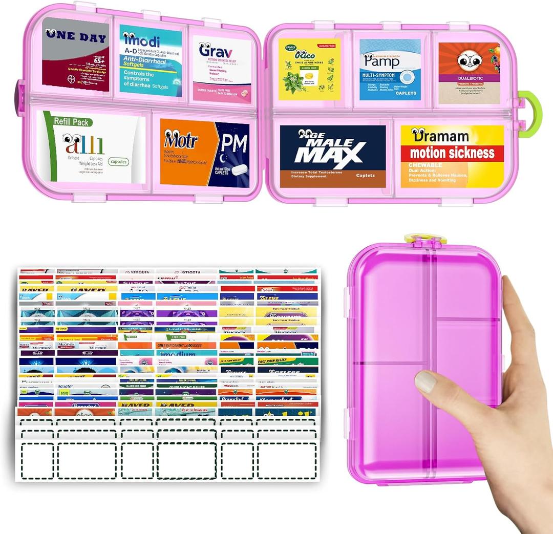 Pill Organizer Medicine Organizer Travel Essentials - Travel Pill Case with Labels, Large Daily Medicine Dispenser (Pink)