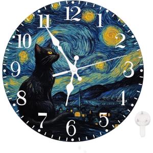 Ansouyi Round Wall Clock Battery Operated Clocks Wallclock 10 Inch, Starry Night and Black Cat Silent Non Ticking Wall Clock for Living Room,Kitchen,Home,Bathroom,Bedroom,Office or School