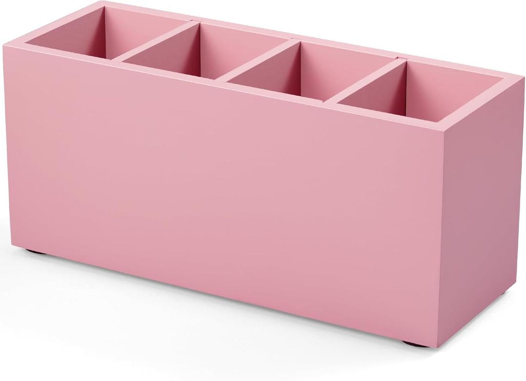 Bivvclaz Pencil Pen Holder for Desk, Wooden Office Desk Organizers and Accessories with 4 Slots for Countertop, Makeup Brush Holder Organizer for Bathroom Vanity, Silverware Caddy for Party, Pink