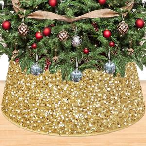 OMKSIH Gold Christmas Tree Collar - 23.6 Inch Sequin Skirt, Glitter Xmas Ring, Embroidered Velvet Collar for Pencil Tree, Sparkly Base Cover, Mermaid Stand Collar for Fall