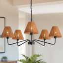 5-Light Rattan Chandelier 29" Modern Farmhouse Chandelier for Dining Room, Rustic Chandelier with Hand-Woven Wicker Fabric Shades, Boho Pendant Lighting for Living Room, BedroomHallway