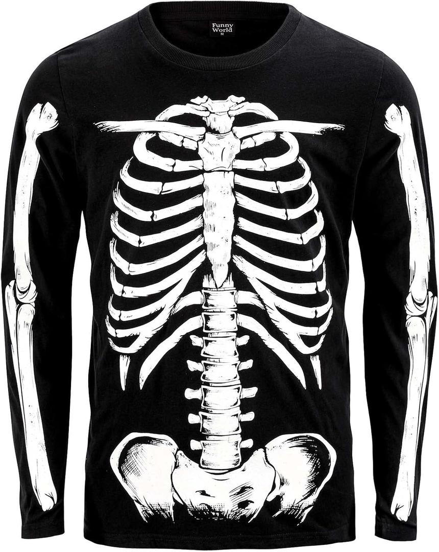 Funny World Glow in The Dark Men's Cotton Long Sleeve Skeleton Halloween T-Shirt (3X-Large)