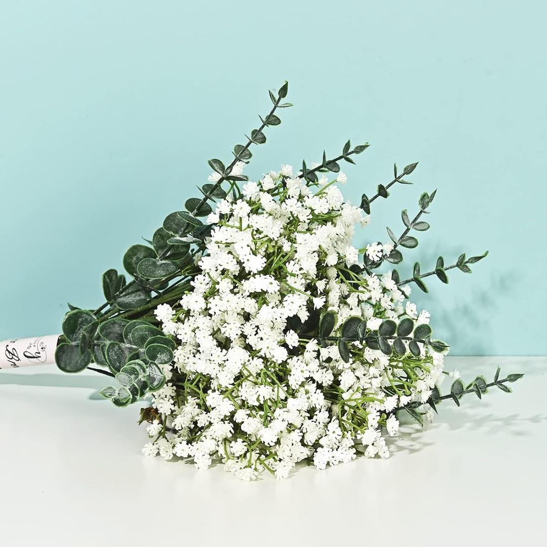 Yastouay 18 Pcs Babys Breath Artificial Flowers Bluk with Faux Eucalyptus Stems Leaves, Fake Flowers Bouquets Silk Baby's Breath Flowers for Wedding Home Party DIY Decoration (White)