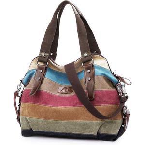 Canvas Handbag Multi-Color Striped Lattice Cross Body Shoulder Purse Bag Tote-Handbag for Women