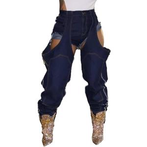 Vakkest Women's Baggy Denim Jeans Patchwwork Pants High Cutout Straight Wide Leg Stretchy Ripped Pants Y2K Streetwear, M