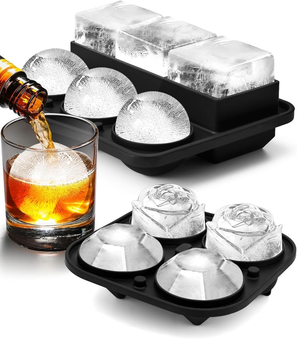 Ice Cube Tray with Lid, Silicone Ice Molds with Round, Square, Diamond, Rose, Large Ice Cube Mold for Whiskey, Bourbon, Cocktails, Easy Release BPA Free, Set of 2 Large
