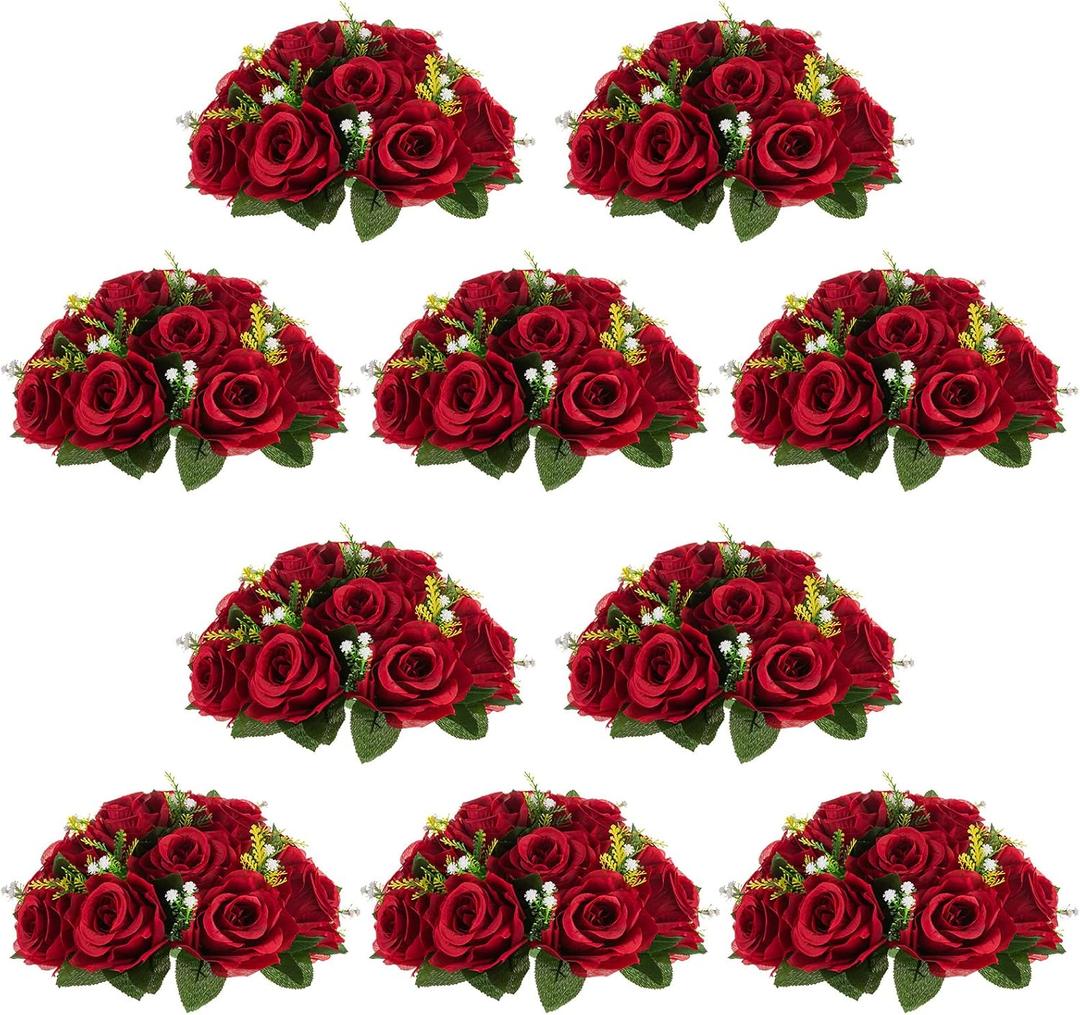 NUPTIO Flower Wedding Centrepieces for Tables - 10 Pcs 9.5in Diameter Crimson Artificial Flowers Rose Ball for Centerpieces Table - Fake Rose Arrangements for Weddings Birthday Party Decor, Crimson 