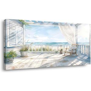 Relaxing Coastal Beach House Porch Canvas Wall Art Ocean View Watercolor Painting Print Gallery Wrapped Sunny Seaside Artwork for Living Room Bedroom Bathroom Decor，40x20 INCH