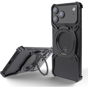 for iPhone 17 Pro Max Metal Bumper Case Frameless with Kickstand & Magnetic, Compatible with Magsafe, Aluminum Alloy No Back No Frame Slim Design 4 Corners Shockproof (Black)