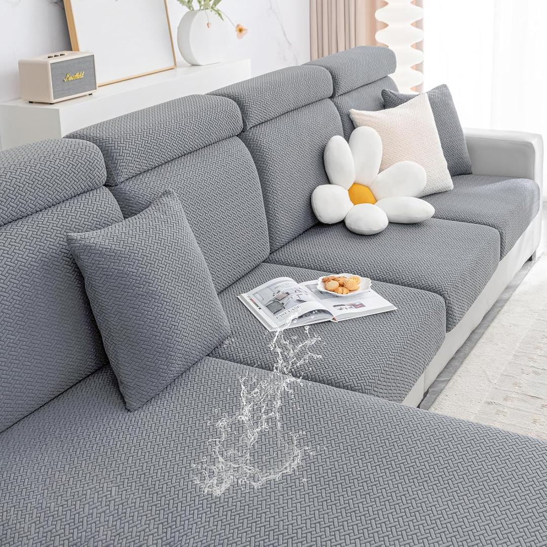 Smiry Waterproof Couch Cushion Covers, Stretch Jacquard Thick Sofa Cushion Covers, Washable Seat Slipcover Elastic Furniture Protector for Pets, Kid (Back Cover L, Light Grey)