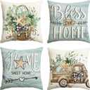 AVOIN colorlife Bless Our Home Eucalyptus Leaves Starfish Throw Pillow Covers, 20 x 20 Inch Seasonal Spring Summer Truck Home Sweet Home Cushion Case Decorations Set of 4