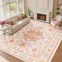 RELEANY Area Rugs 9'x12' Washable Non-Slip, Floral Vintage Distress Print Pattern Medallion Carpet for Living Room Bedroom Dining Room, Light Pink Colorful