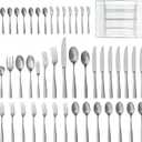 HIKAA Forged Silverware Set Stainless Steel Flatware Set,Service for 8,Matte Satin Polished Cutlery Set, with Serving Set and Metal Organizer (Matte Silver 45PCS)
