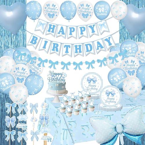 Jenlion Blue Bow Birthday Decorations - Coquette Party Supplies Serve 12 with Plates, Tablecloth, Foil Curtains, Photo Props, Cake Topper & Balloon Arch for Girls Baby Shower