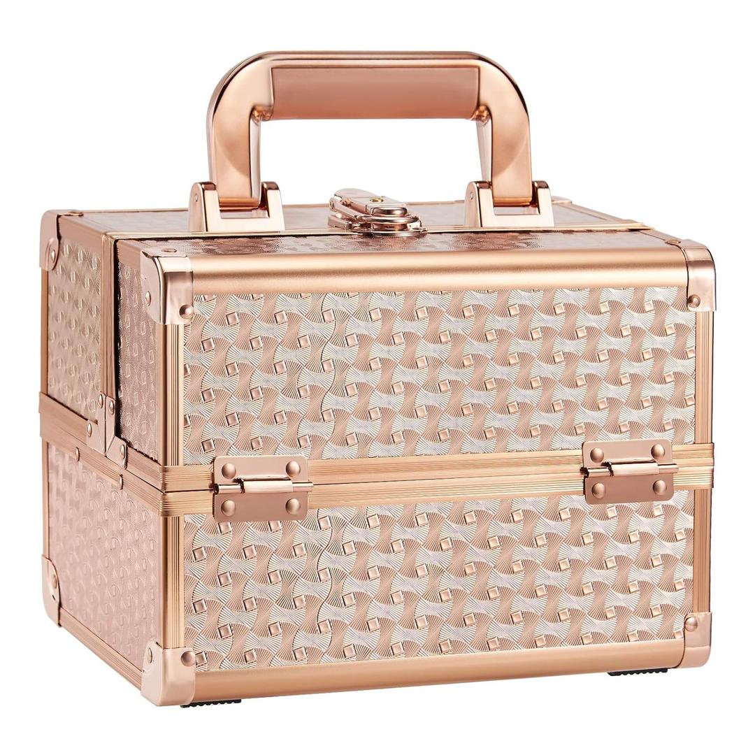 Joligrace Beauty Makeup Train Case for Lady Portable Cosmetic Box Jewelry Organizer Lockable with Keys and Mirror 2Tier Trays Carrying with Handle Makeup Storage Box  Rose Gold
