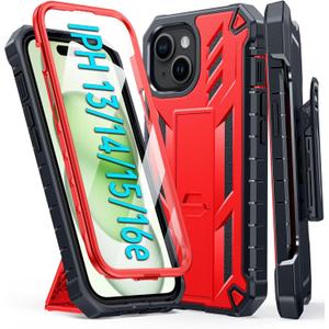 FNTCASE for iPhone 15 Phone Case: for iPhone 14 & 13 & 16e Case Military Shockproof Protective Rugged Cell Phone Cover with Kickstand & Belt-Clip Holster, Heavy Duty Hard Cases 5G - 6.1 Inch Red