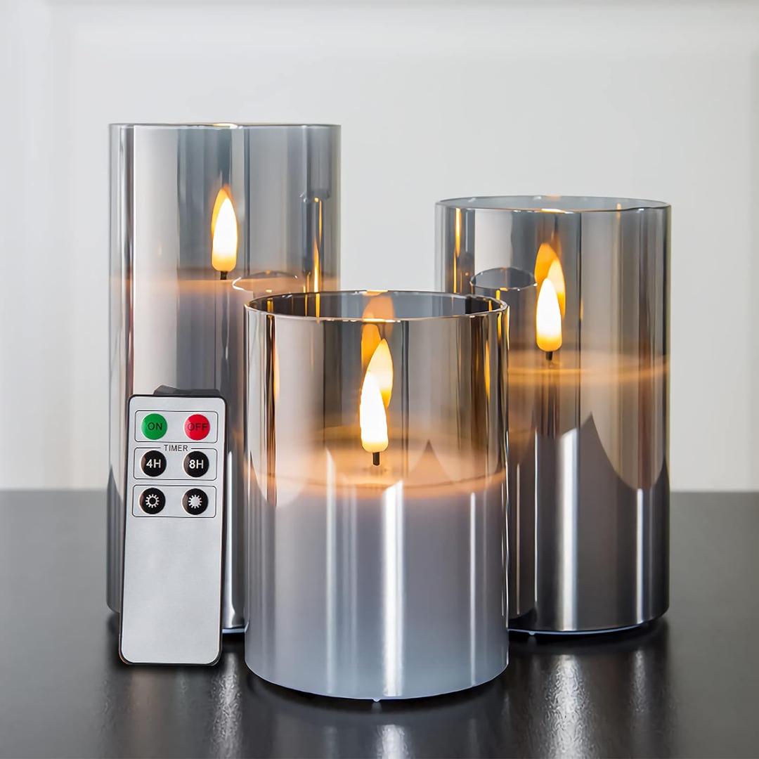 Eywamage Smoke Grey Glass Flameless Candles with Remote, Flickering Battery Operated LED Pillar Candles Set of 3 (Gray)