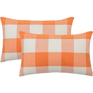 MIULEE Pack of 2 Christmas Classic Farmhouse Buffalo Check Plaids Polyester Linen Soft Soild Decorative Porch Throw Pillow Covers Home Decor Cushion Case for Sofa Bedroom 18x18 Inch, Orange and White