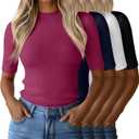 Huukeay 4 Pack 1/2 Half Sleeve Mock Turtleneck Tops for Women, Ribbed Knit Fitted T-Shirts Mock Neck Business Casual Slim Tee (Large, Black, White, Navy Blue, Fuchsia)