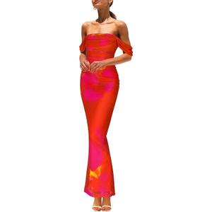 PRETTYGARDEN Maxi Dresses for Women 2025 Summer Elegant Floral Off Shoulder Ruched Mesh Cocktail Wedding Guest Dress (Medium, Orange Red Big Floral)