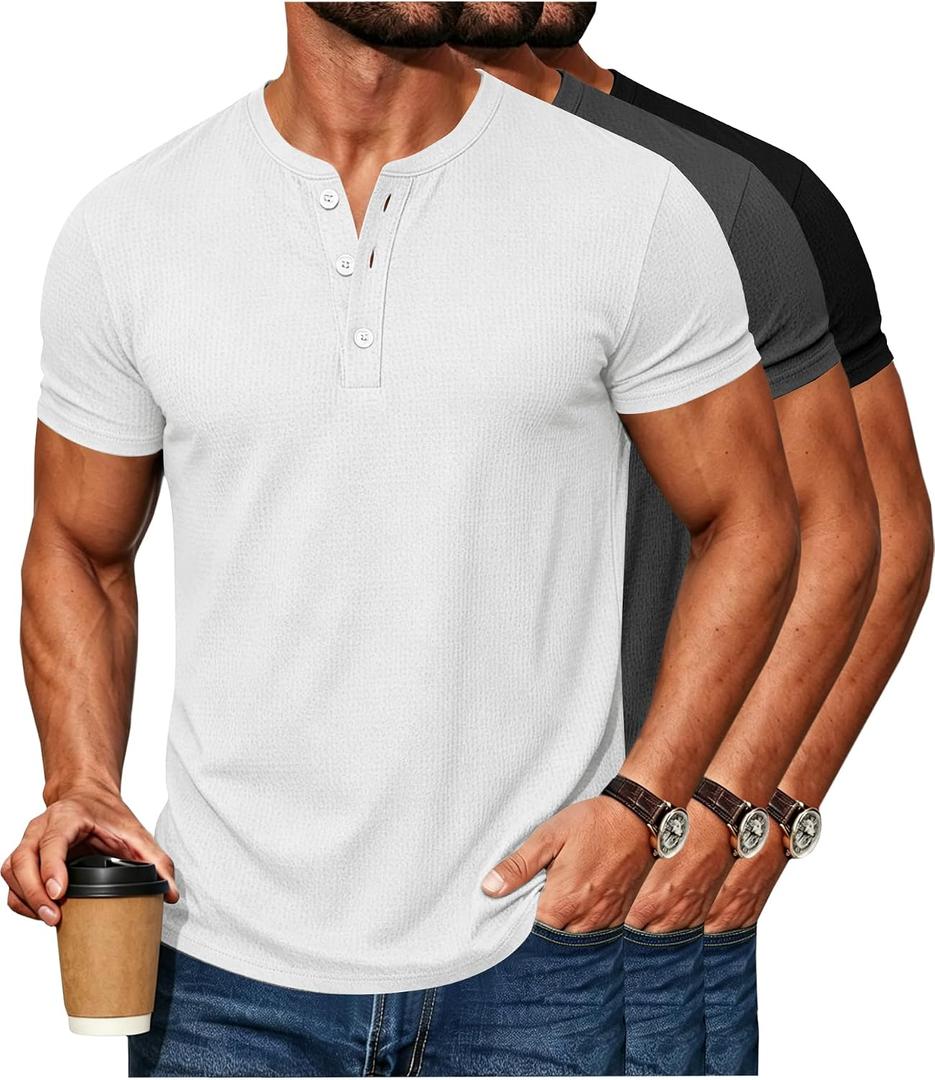 Waffle Henley Shirts for Men Short Sleeve Button Tops Casual Basic T Shirts Lightweight Summer Tees Knit 3 Pack (XL)