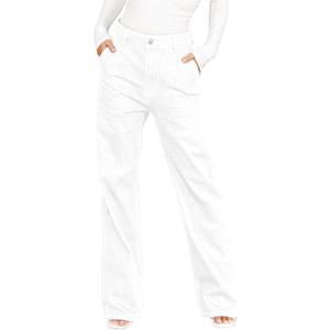 Dokotoo Women's Casual Mid Waist Cargo Jeans Stretch Button Wide Leg Denim Pants with Pockets (8, White)