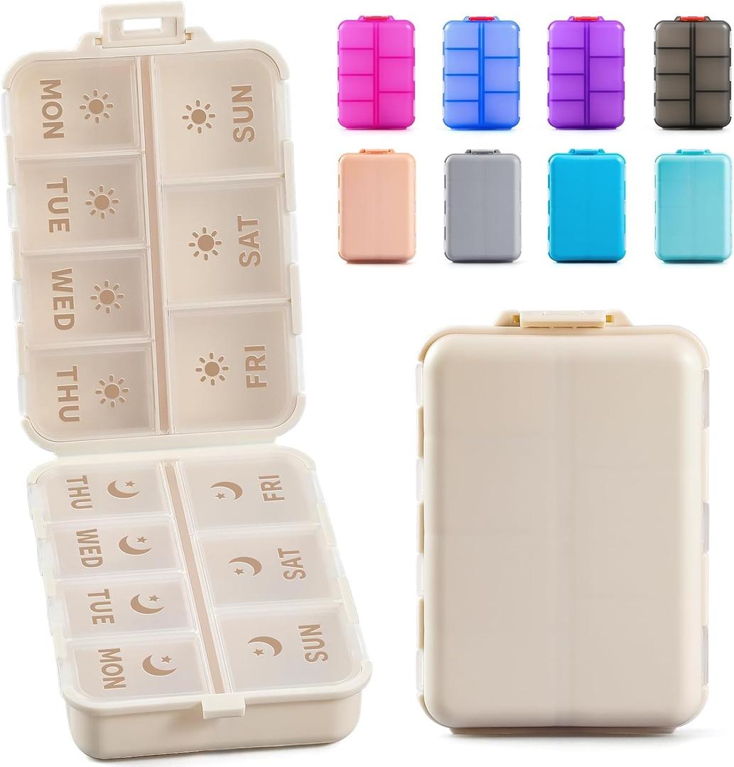 NEW Foldable & Double Protection Portable Weekly Pill Organizer 2 Times A Day with Etched Labels, AM PM 7 Day Week Medicine Box, Daily Travel Pill Case Holder Dispenser for Vitamin, Supplement - Khaki