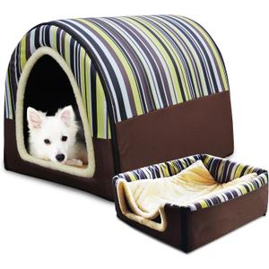 Dog Bed,2 Ways to Use,Indoor Pet House with Fluffy Mat,Removable and Washable Cover,Splash-Proof House and Non-Slip Bottom,for Large Dogs(XL Vertical Stripes)